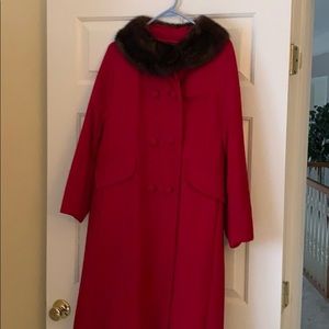 Vintage red wool car coat with fur collar.
